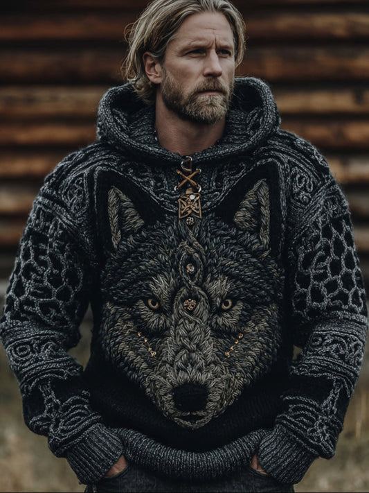 Men's Viking Style Three-dimensional Embroidered Wolf Totem Hooded Sweater artswardrobe