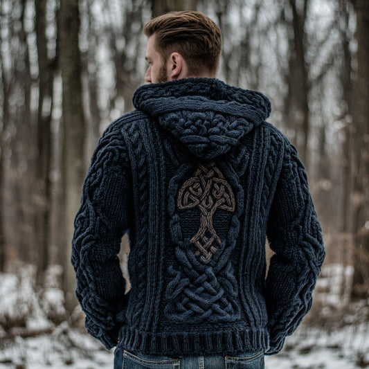 Men's Vintage Tree Of Life Celtic Knot Art Jacquard Thick Warm Zip Hooded Sweater Cardigan artswardrobe
