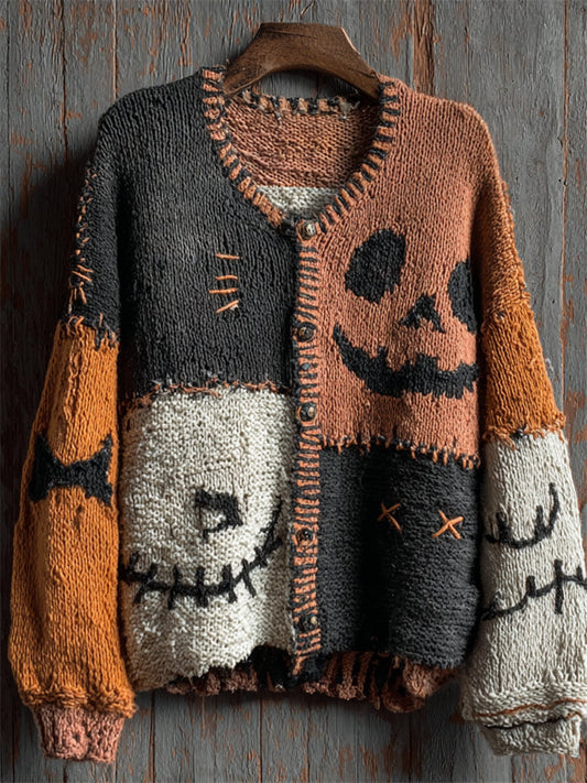 Halloween Pumpkin Face Colorblock Stitched Cozy Knit Cardigan artswardrobe