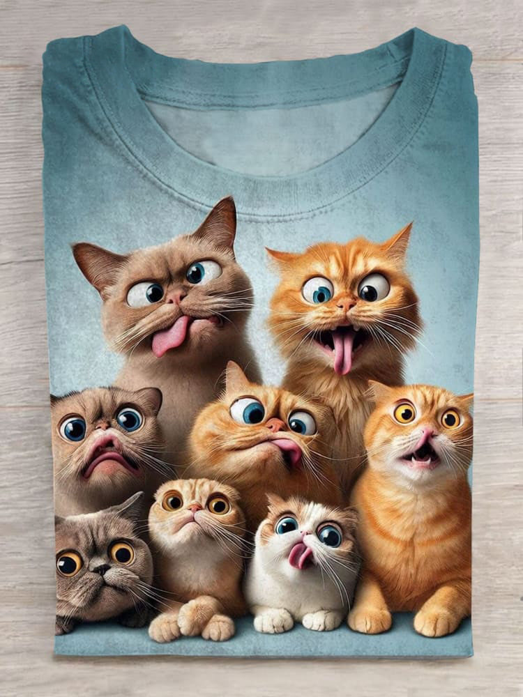 Funny Cat Art Print Short Sleeve Casual T-Shirt elevenforest