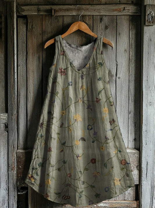 Women's Vintage Ethnic Flower Art Print V-neck Pocket Cotton Dress