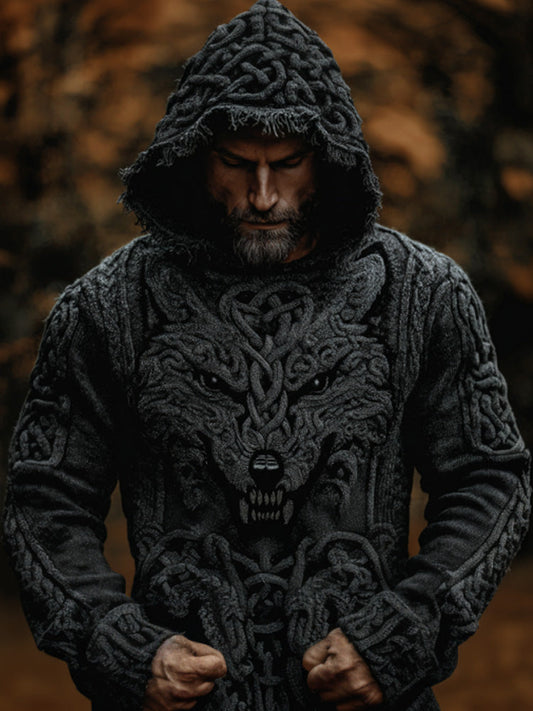 Men's Vintage Viking Wolf Embroidered Hooded Sweater artswardrobe