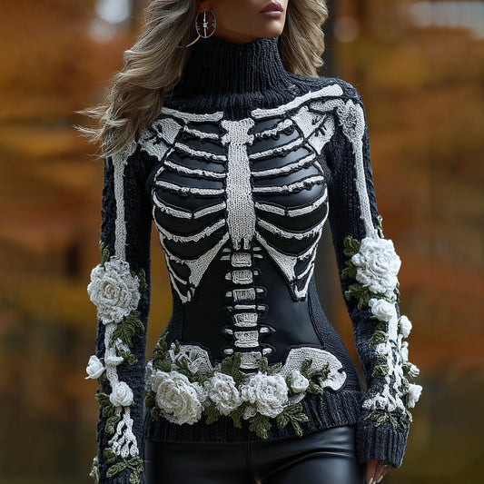 Women's Halloween Skeleton Bones With Roses Art Knitted Warm Turtleneck Sweater artswardrobe