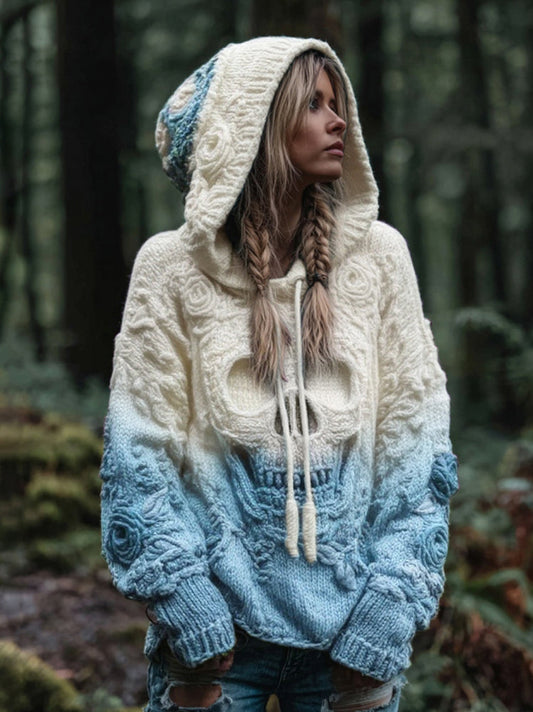 Women's Vintage Viking Skull And Rose Gradient Art Knit Hooded Sweater artswardrobe