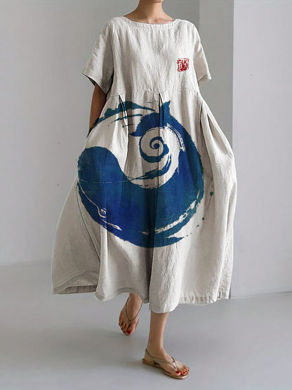 Comstylish Whale Breach Japanese Brush Art Linen Blend Maxi Dress