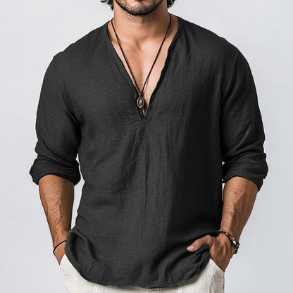 Men's Solid Color V Neck Casual Linen Shirt artswardrobe