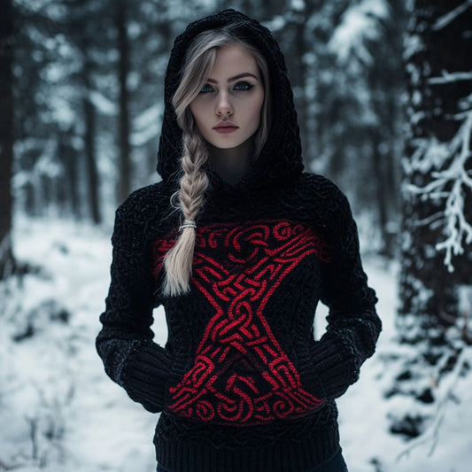 Women's Viking Celtic Text Totem Jacquard Contrast Color Hooded Sweater artswardrobe