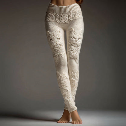 Comstylish Cute Fuzzy Cat Embroidered Cozy Knit Leggings