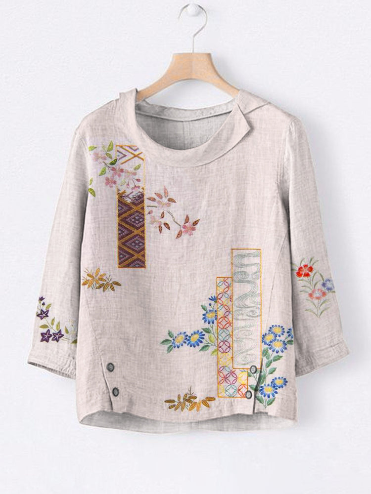 Comstylish Japanese Botanical Flower Embroidery Pattern Women's Linen Lapel Shirt
