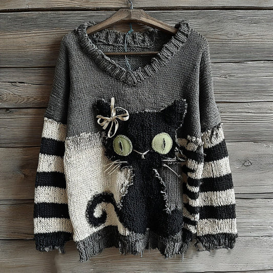 Halloween Black Cat Striped Patchwork Knitted V-neck Sweater artswardrobe