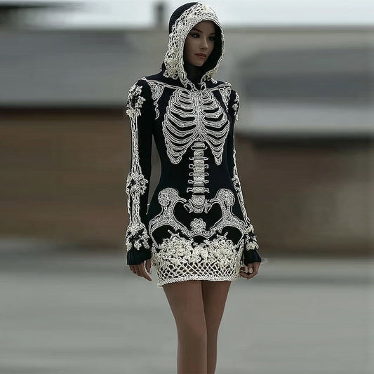 Women's Vintage Halloween Skeleton Bones With Rose Art Cozy Knit Hooded Sweater Dress artswardrobe