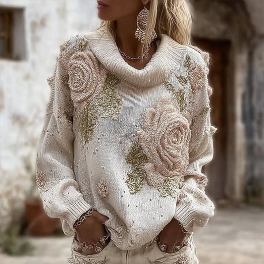 Women's Vintage Large Flower Embroidery Turtleneck Sweater artswardrobe