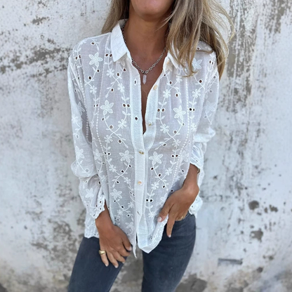 Comstylish New Embroidered Lace Cotton Linen Women's Shirt