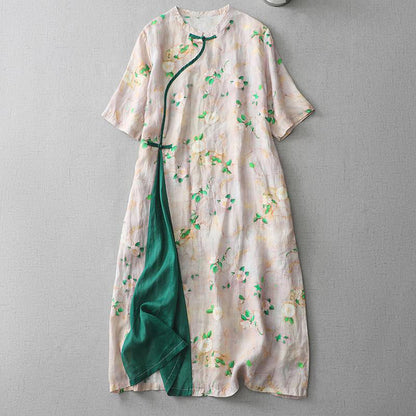 Comstylish Vintage Japanese Art Floral Button Cotton Linen Maxi Dress