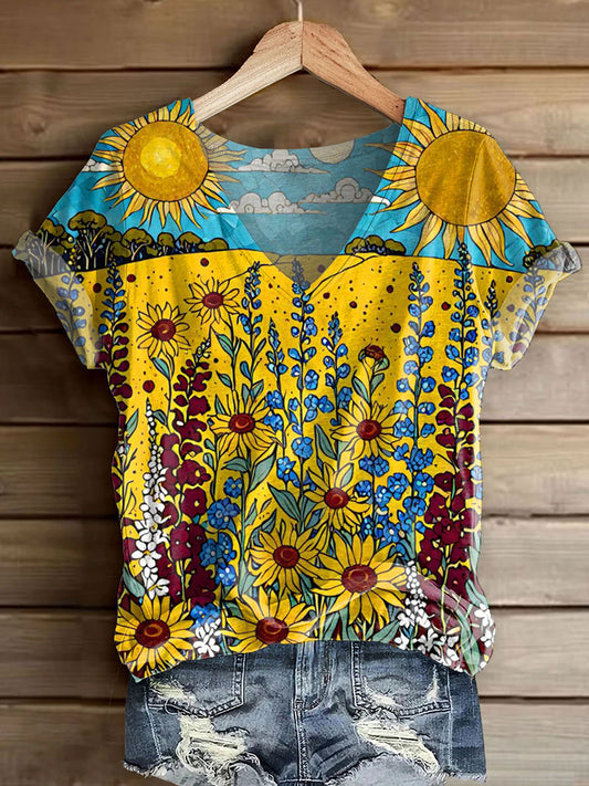 Women's Bohemian Floral Art Print V-neck Casual T-Shirt
