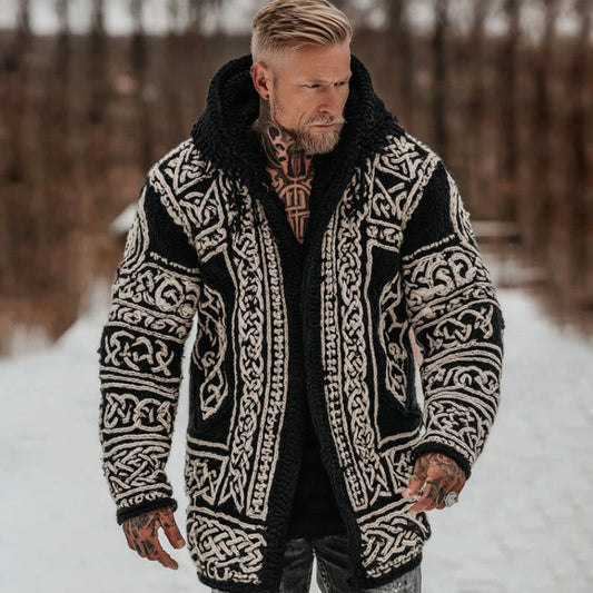 Men's Viking Celtic Pattern Art Cozy Knit Hooded Cardigan artswardrobe