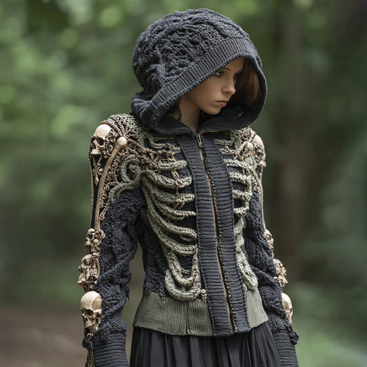 Women's Retro Skull Art Cozy Knit Zip Up Hooded Sweater artswardrobe