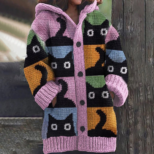 Comstylish Vintage Cute Black Cats Pattern Cozy Hooded Cardigan