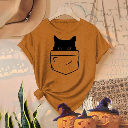 Comstylish Abstract Creative Pocket Black Cat Art Print T-shirt