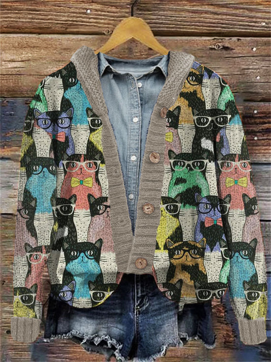 Colorful Cute Cats Embroidered Hooded Cardigan artswardrobe