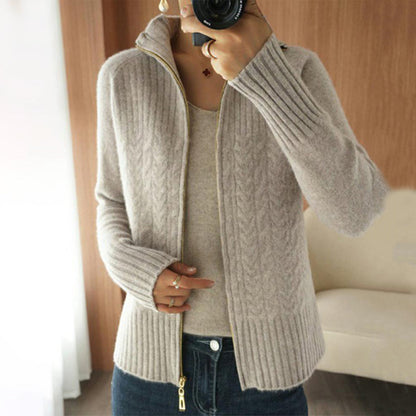 Cable-Knit Apricot Plain Zip V Neck Sweater Cardigan elevenforest