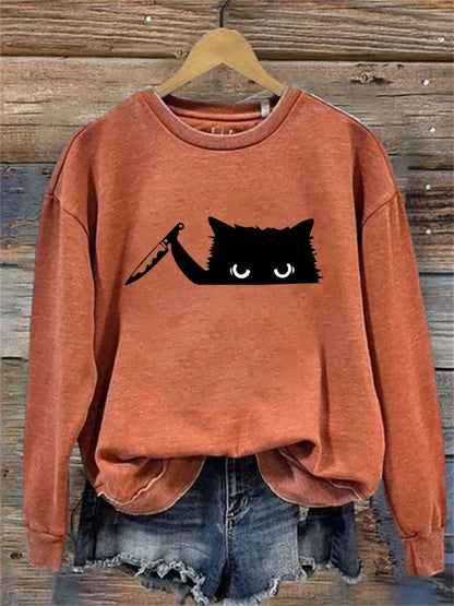 Women's Casual Funny Black Cat Print Sweatshirt elevenforest