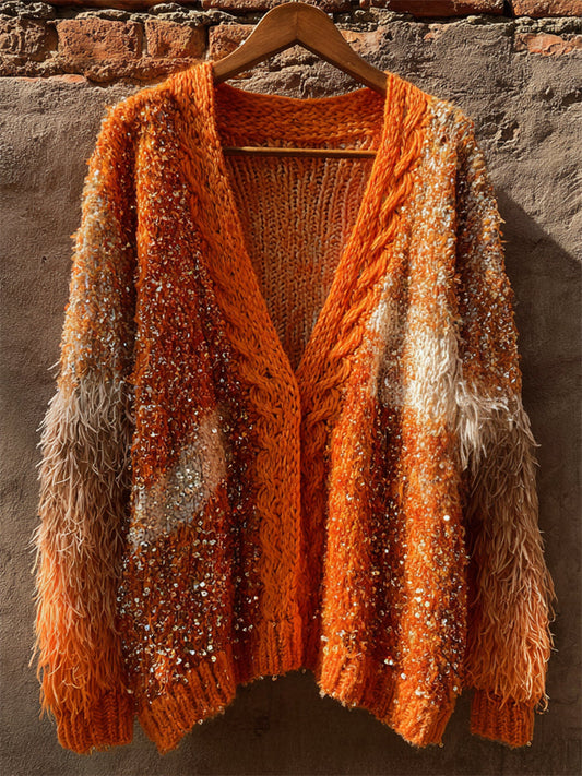 Glitter Sequins Fuzzy Cable Knit Cozy Cardigan artswardrobe