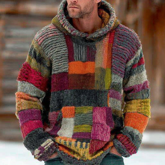 Men's Vintage Rainbow Style Colorblock Patchwork Cozy Knit Jacquard Fairman Island Jacquard Thick Warm Hooded Sweater artswardrobe