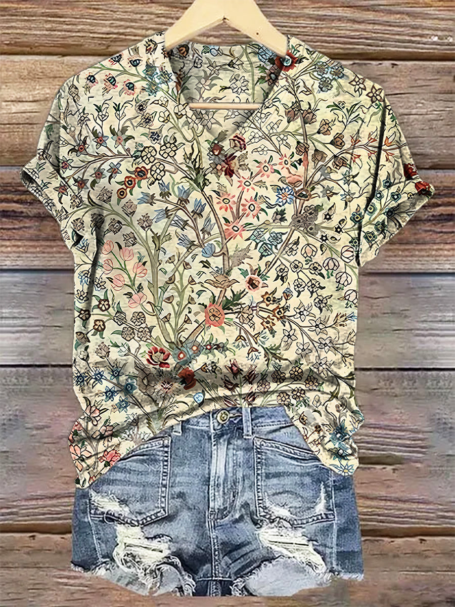 Women's Vintage Floral Art Print V-neck Casual T-Shirt