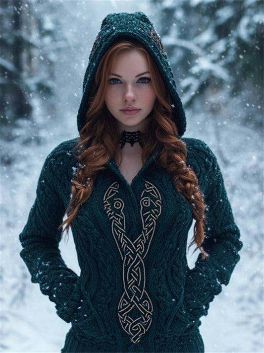 Vintage Norse Celtic Cozy Chunky Hooded Sweater artswardrobe