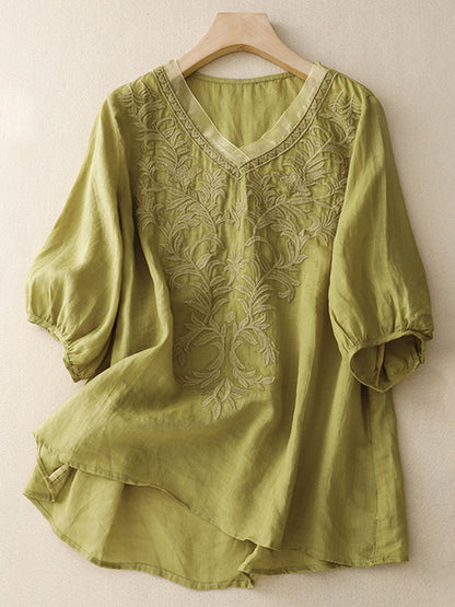 Comstylish Women's Embroidery Pattern Linen Blend Comfort Shirt