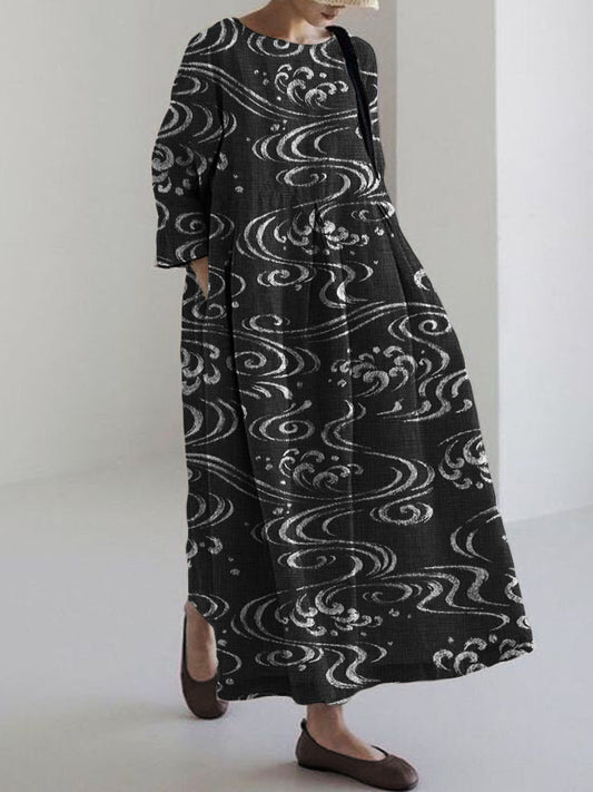 Comstylish Sea Waves Japanese Art Linen Blend Maxi Dress