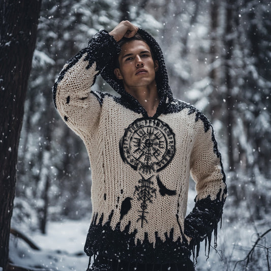 Men's Viking Tribal Eagle Jacquard Inspired Chunky Knit Hooded Sweater artswardrobe