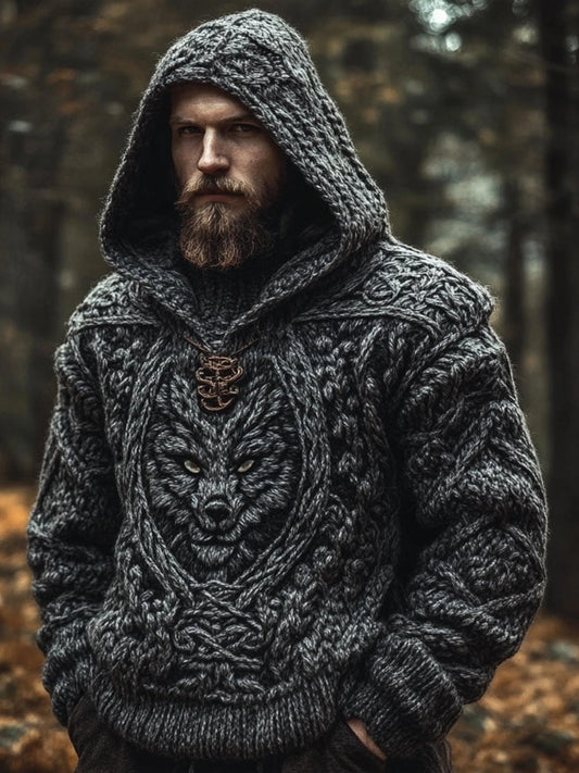 Men's Wolf Inspired Viking Celtic Jacquard Cozy Hooded Sweater artswardrobe
