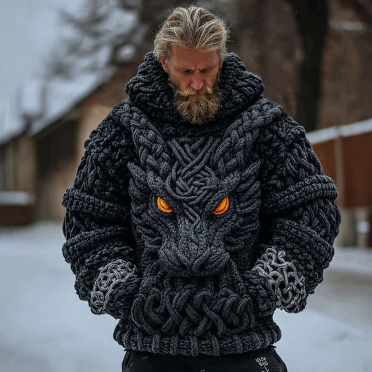 Men's Vintage Viking Dragon Celtic Knot Art Knit Hooded Sweater artswardrobe