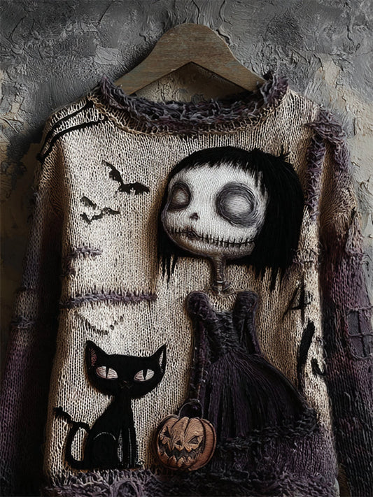 Halloween Gothic Girl & Black Cat Knit Art Cozy Sweater artswardrobe