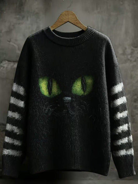 Women's Casual Halloween Black Cat Striped Sweater artswardrobe