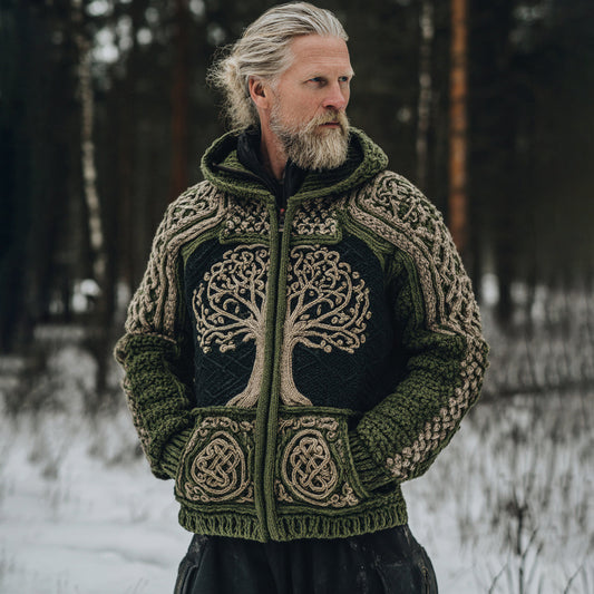 Men's Vintage Viking Tree Of Life Celtic Knot Art Chunky Knit Hooded Zip-up Sweater artswardrobe