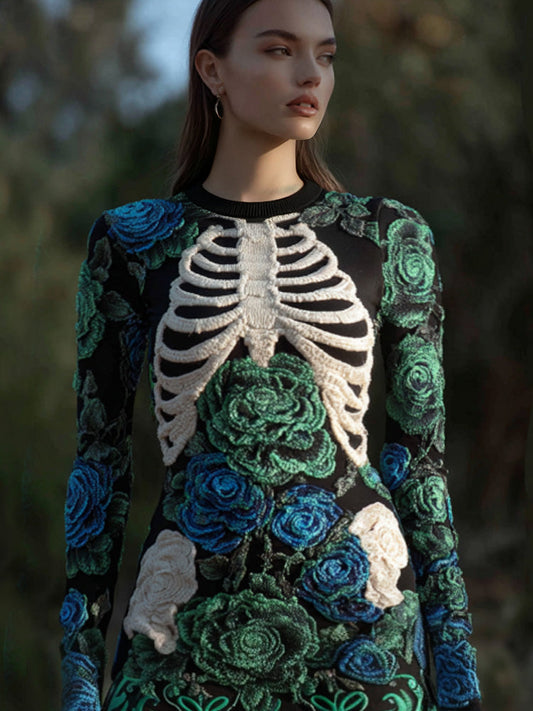 Women's Vintage Halloween Skeleton Bones With Rose Art Cozy Knit Mini Sweater Dress artswardrobe