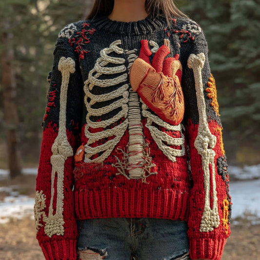 Vintage Halloween Anatomy And Red Heart Art Chunky Knitted Sweater artswardrobe