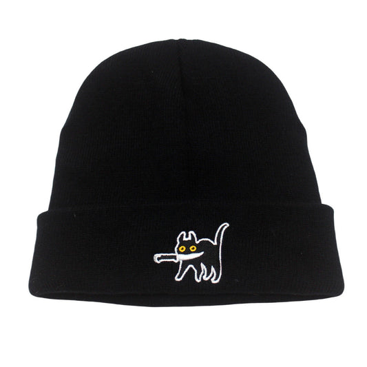 Cartoon Pattern Cat Embroidery Warm Knitted Hat