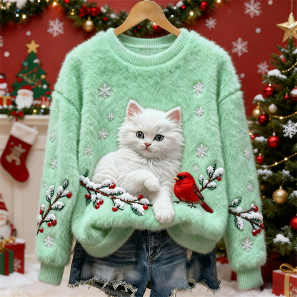 Christmas Cat & Bird Art Women's Flannel Sweater elevenforest