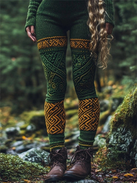 Vintage Celtic Contrast Color Cozy Knit Leggings artswardrobe