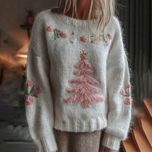 Women's White Christmas Tree & Floral Art Crew Neck Cozy Sweater artswardrobe