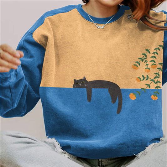 Women's Abstract Creative Lazy Black Cat Painting Art Print Sweatshirt elevenforest