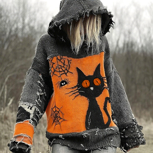 Halloween Scared Black Cat Patchwork Stitched Cozy Knit Hooded artswardrobe