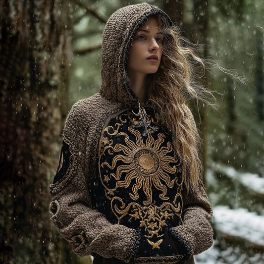 Women's Contrast Color 3d Star And Moon Embroidery Knitted Hoodie artswardrobe