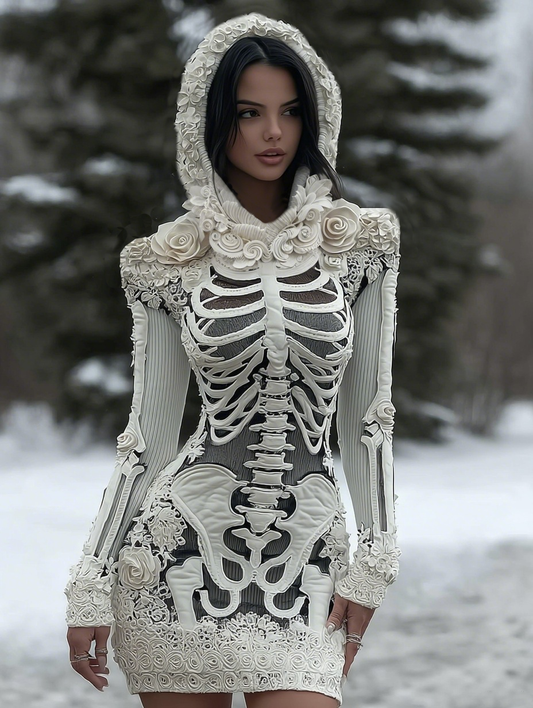 Women's Vintage Halloween Skeleton Bones With Rose Art Cozy Knit Hooded Sweater Dress artswardrobe