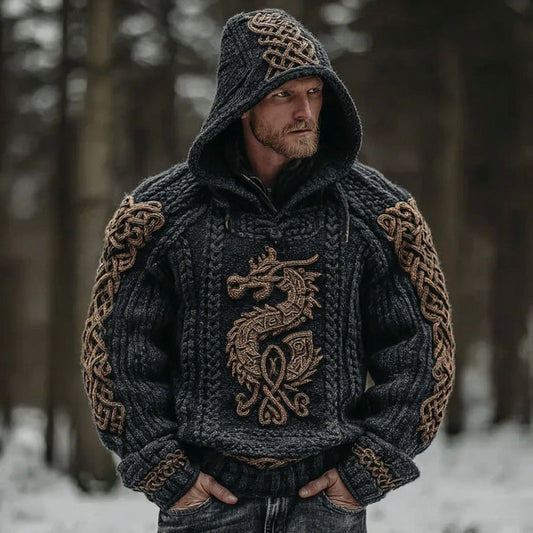 Men's Vintage Viking Dragon Celtic Art Jacquard Knitted Cozy Hooded Sweater artswardrobe