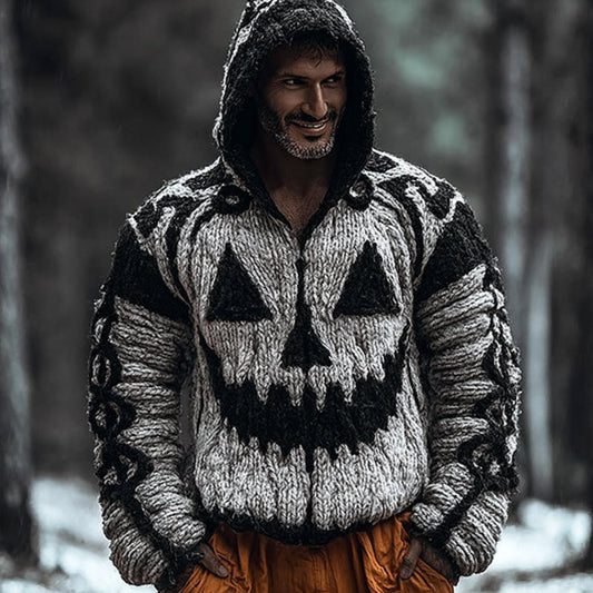 Men's Halloween Pumpkin Expression And Vine Black And White Two Tone Thick Needle Hooded Sweater artswardrobe